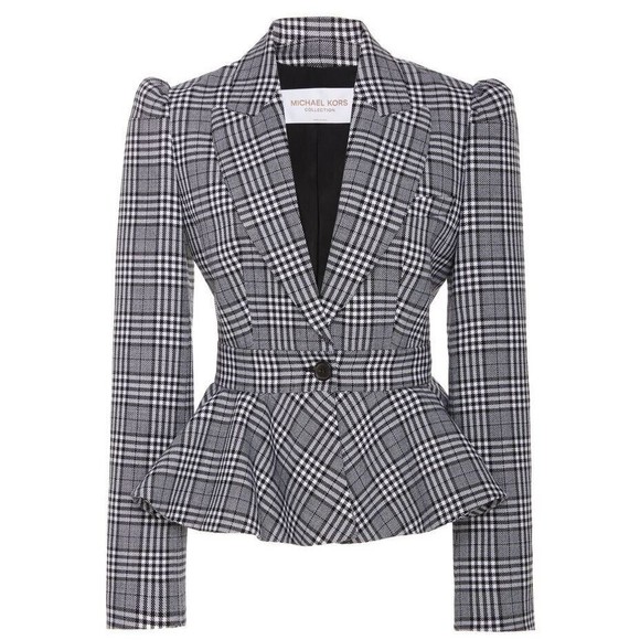 DESIGNER MICHAEL KORS COLLECTION GREY PLAID PRINT PEPLUM VIRGIN WOOL BLAZER 10.R